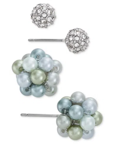 Charter Club Silver-tone 2-pc. Set Pave Fireball & Color Imitation Pearl Stud Earrings, Created For Macy's In Multi