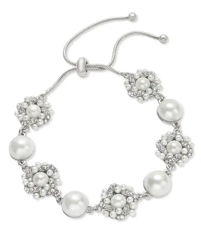 Charter Club Silver-tone Pave & Imitation Pearl Cluster Slider Bracelet, Created For Macy's In White