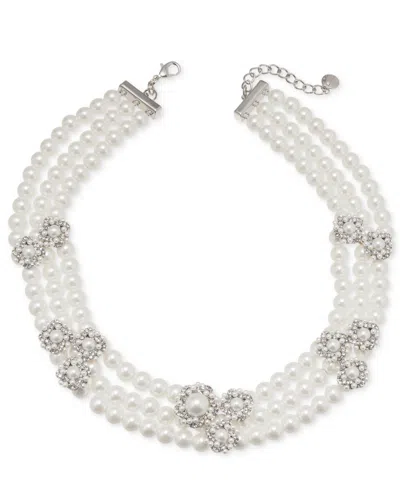 Charter Club Silver-tone Pave & Imitation Pearl Cluster Triple-row Collar Necklace, 17" + 2" Extender, Exclusivel In White