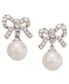 Charter Club Silver-tone Pave Bow & Imitation Pearl Drop Earrings, Created For Macy's In White