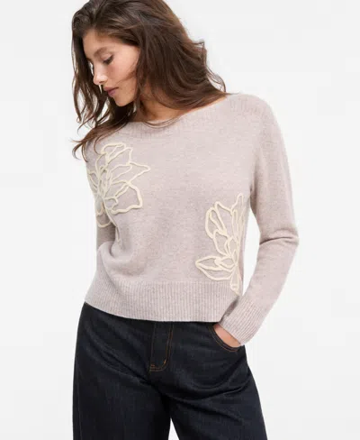 Charter Club Women's 100% Cashmere Boatneck Embroidered Floral Sweater, Macy's Exclusive In Neutral