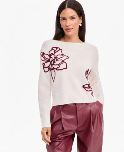 Charter Club Women's 100% Cashmere Boatneck Embroidered Floral Sweater, Macy's Exclusive In White
