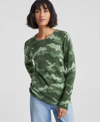 Charter Club Women's 100% Cashmere Camo-print Crewneck Sweater, Created For Macy's In Olive Combo