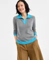 Charter Club Women's 100% Cashmere Colorblocked Collared Sweater, Macy's Exclusive In Gray