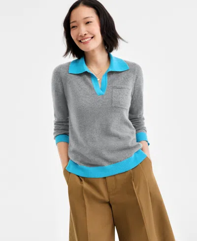 Charter Club Women's 100% Cashmere Colorblocked Collared Sweater, Macy's Exclusive In Gray