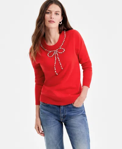 Charter Club Women's 100% Cashmere Embellished Bow Sweater, Macy's Exclusive In Red