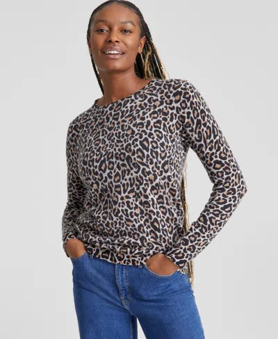 Charter Club Women's 100% Cashmere Leopard-print Crewneck Sweater, Created For Macy's In Soft Black Combo