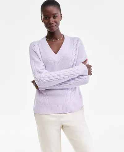 Charter Club Women's 100% Cashmere Placed Cable-knit V-neck Sweater, Macy's Exclusive In Purple