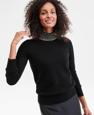 Charter Club Women's 100% Cashmere Rhinestone Mock Neck Sweater, Macy's Exclusive In Black
