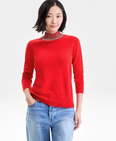 Charter Club Women's 100% Cashmere Rhinestone Mock Neck Sweater, Macy's Exclusive In Red