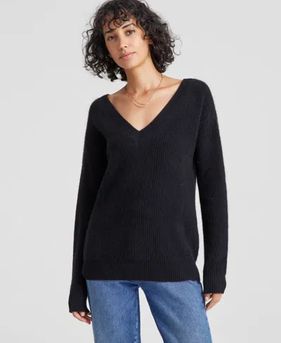 Charter Club Women's Petite 100% Cashmere Ribbed V-neck Sweater, Created For Macy's In Classic Black