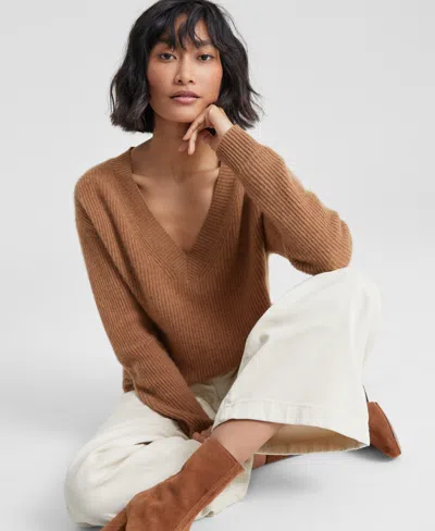 Charter Club 100% Cashmere Women's V-neck Long-sleeve Sweater, Created For Macy's In Warm Praline Heather
