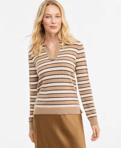 Charter Club Women's 100% Cashmere Striped Collared V-neck Sweater, Macy's Exclusive In Heather Camel Stripe