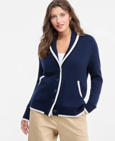 Charter Club Women's 100% Cashmere Tipped Shawl-collar Boyfriend Cardigan, Macy's Exclusive In Admiral Navy