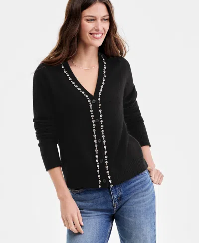 Charter Club Women's 100% Cashmere V-neck Rhinestone Cardigan, Macy's Exclusive In Black