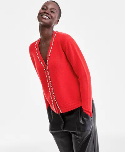 Charter Club Women's 100% Cashmere V-neck Rhinestone Cardigan, Macy's Exclusive In Red
