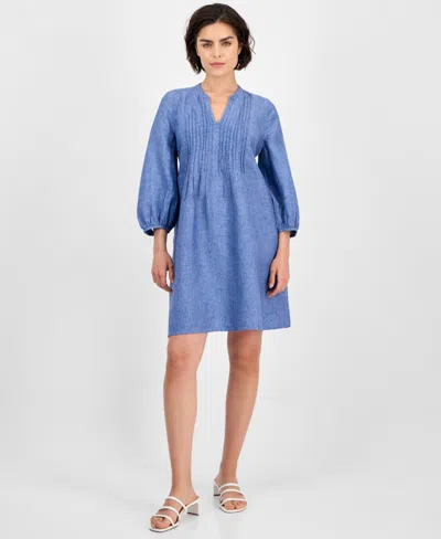 Charter Club Women's 100% Linen 3/4-sleeve Pintuck Dress, Exclusively At Macy's In Blue