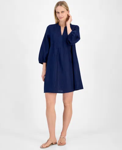 Charter Club Women's 100% Linen 3/4-sleeve Pintuck Dress, Exclusively At Macy's In Intrepid Blue