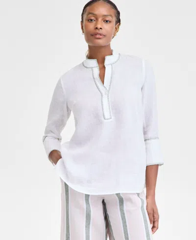 Charter Club Women's 100% Linen 3/4-sleeve Stitched Top, Exclusively At Macy's In Bright White