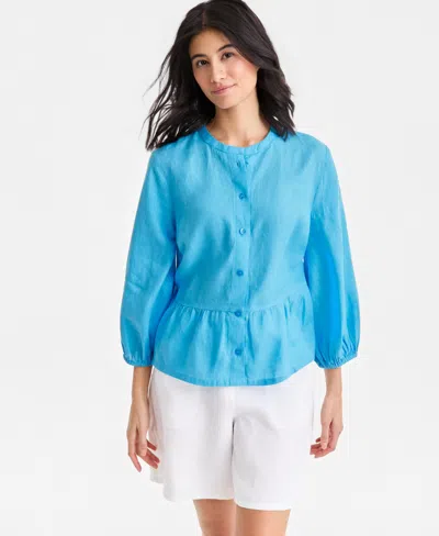 Charter Club Women's 100% Linen Blouson-sleeve Peplum Top, Macy's Exclusive In Blue