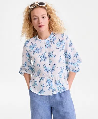 Charter Club Women's 100% Linen Blouson-sleeve Peplum Top, Macy's Exclusive In Blue