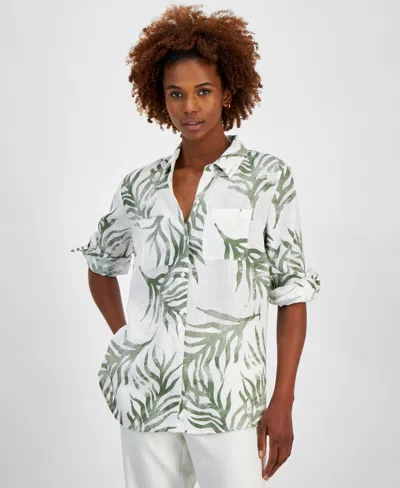 Charter Club Women's 100% Linen Botanical-print Shirt, Created For Macy's In Bright White