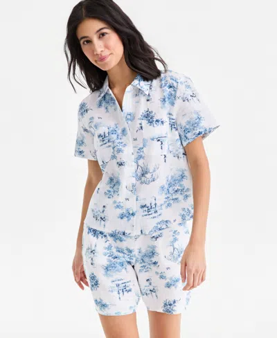 Charter Club Women's 100% Linen Camp Shirt, Macy's Exclusive In Blue