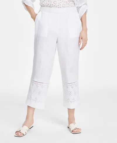 Charter Club Women's 100% Linen Cropped Eyelet Pull-on Pants, Created For Macy's In Bright White