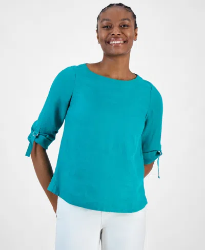 Charter Club Women's 100% Linen D-ring Top, Created For Macy's In Blue