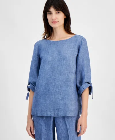 Charter Club Women's 100% Linen D-ring Top, Created For Macy's In Combo Blue Ocean