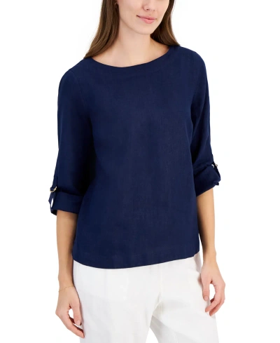 Charter Club Women's 100% Linen D-ring Top, Created For Macy's In Intrepid Blue