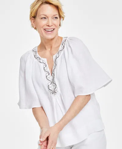 Charter Club Women's 100% Linen Embellished Flutter-sleeve Top, Created For Macy's In Bright White