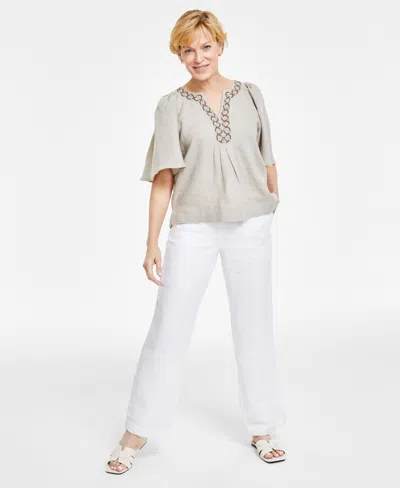 Charter Club Women's 100% Linen Embellished Split-neck Top, Created For Macy's In Flax Combo