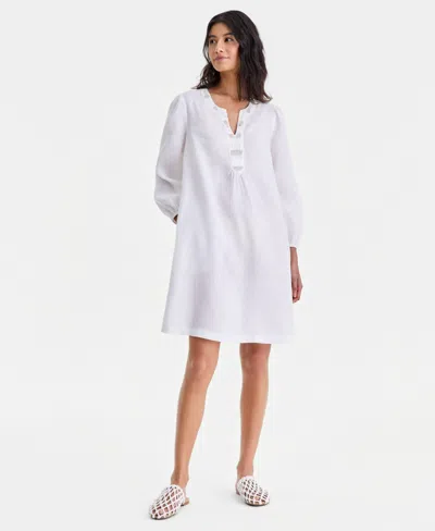 Charter Club Women's 100% Linen Embellished Split-neck Dress, Macy's Exclusive In White