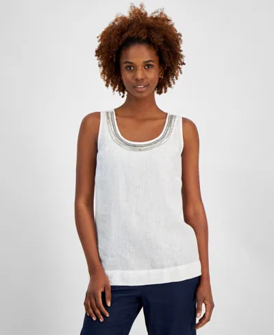 Charter Club Women's 100% Linen Embellished Tank Top, Created For Macy's In Bright White
