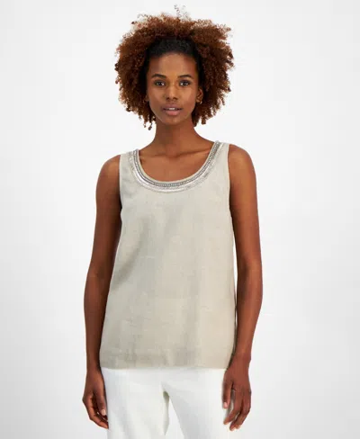 Charter Club Women's 100% Linen Embellished Tank Top, Created For Macy's In Flax Combo