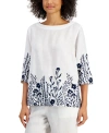 CHARTER CLUB WOMEN'S 100% LINEN EMBROIDERED 3/4-SLEEVE TOP, CREATED FOR MACY'S