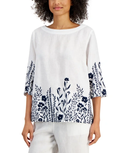 Charter Club Women's 100% Linen Embroidered 3/4-sleeve Top, Created For Macy's In Bright White Combo