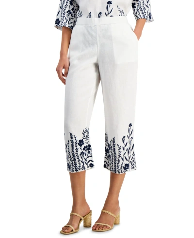 Charter Club Women's 100% Linen Embroidered Cropped Pants, Created For Macy's In Bright White