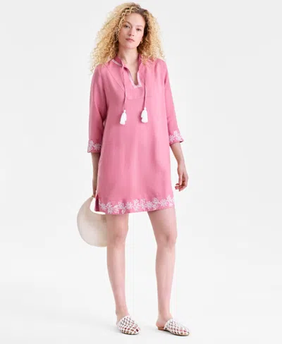 Charter Club Women's 100% Linen Embroidered Dress, Macy's Exclusive In Pink