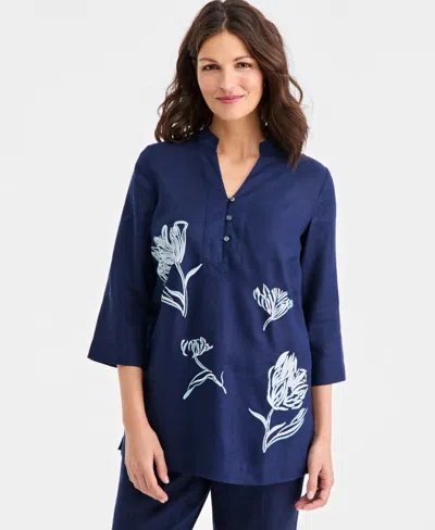 Charter Club Women's 100% Linen Embroidered-floral 3/4-sleeve Tunic, Macy's Exclusive In Blue