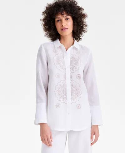 Charter Club Women's 100% Linen Embroidered Long-sleeve Shirt, Macy's Exclusive In White
