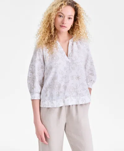 Charter Club Women's 100% Linen Embroidered Popover Blouse, Macy's Exclusive In White