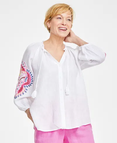 Charter Club Women's 100% Linen Embroidered-sleeve Peasant Top, Created For Macy's In Bright White