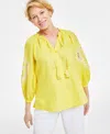 CHARTER CLUB WOMEN'S 100% LINEN EMBROIDERED-SLEEVE PEASANT TOP, CREATED FOR MACY'S