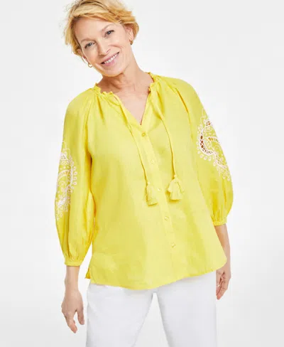 Charter Club Women's 100% Linen Embroidered-sleeve Peasant Top, Created For Macy's In Primrose Yellow