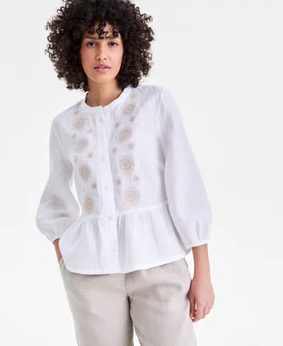Charter Club Women's 100% Linen Embroidered-front Peplum Top, Macy's Exclusive In White