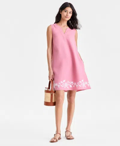Charter Club Women's 100% Linen Embroidered-hem Sleeveless Dress, Macy's Exclusive In Pink