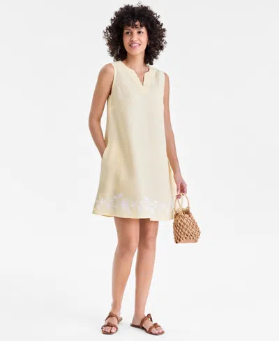 Charter Club Women's 100% Linen Embroidered-hem Sleeveless Dress, Macy's Exclusive In Neutral
