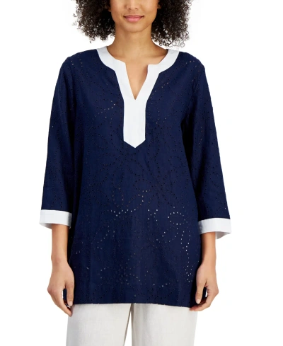 Charter Club Women's 100% Linen Eyelet Contrast-trim Tunic, Created For Macy's In Intrepid Blue